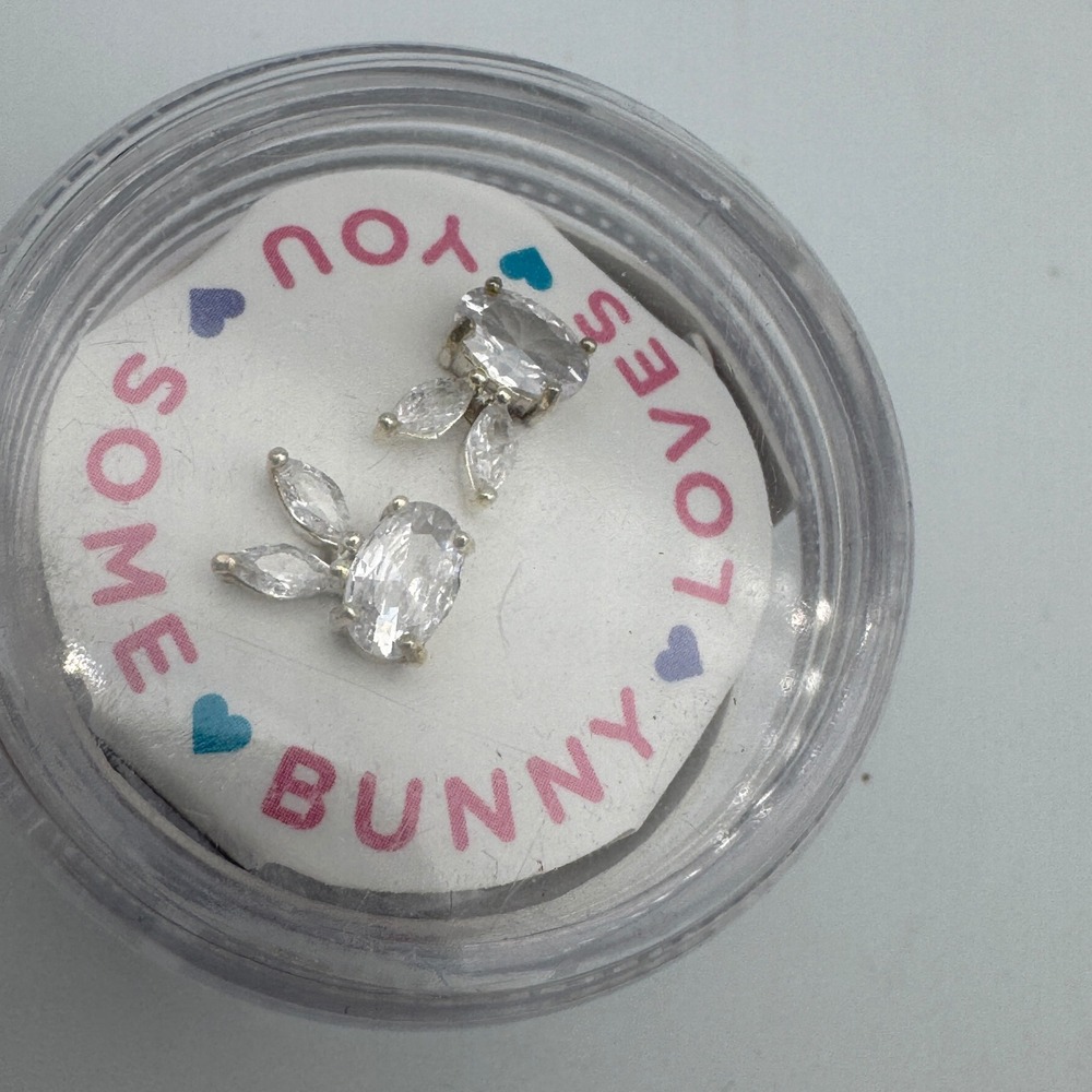 Cupcakes & Cartwheels Bunny Stud Earrings Cubic Zirconia Silver Tone Rabbit Kids